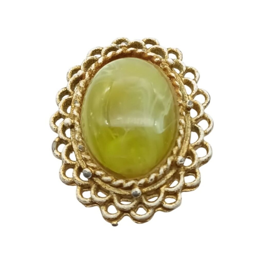 Vintage Marbled Lucite Cabochon Ring with White Enamel Frame and Adjustable Band